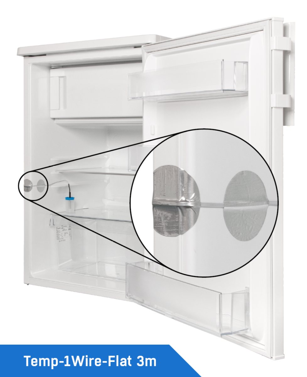 Réfrigérateur ouvert avec la sonde Temp-1Wire-Flat 3m : vue rapprochée du câble plat passé sous le joint de porte et maintenu par des pastilles adhésives